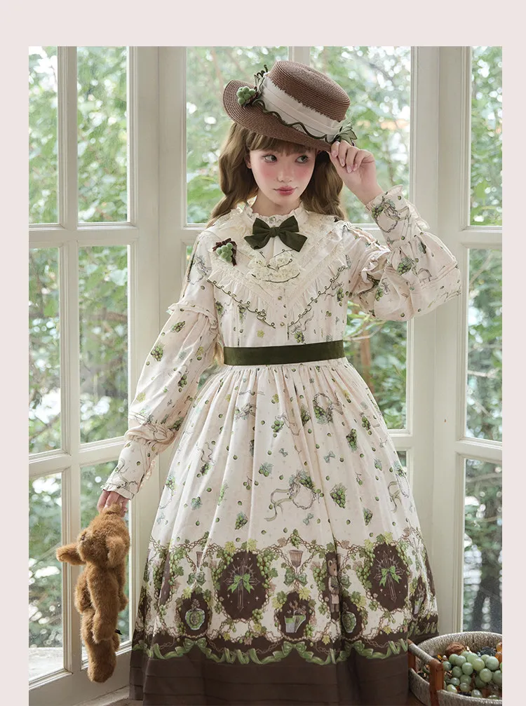 เดรสลายหมีวินเทจพิมพ์ลายองุ่น CLA ชุดเดรสยาวสไตล์โลลิต้า แขนยาว สำหรับฤดูใบไม้ผลิและฤดูใบไม้ร่วง สีดำ สีม่วง ชุดเดรส OP สำหรับผู้หญิง