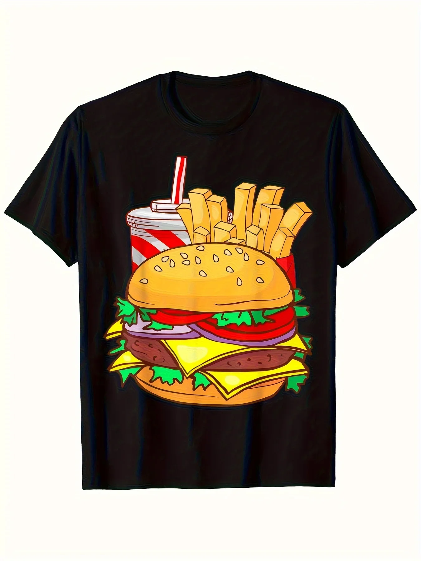 New 1pc Men's Fast Food Graphic T-Shirt - Burger & Fries Print Tee - Soft Breathable Fabric Crew Neck Shirt for Casual Casual At