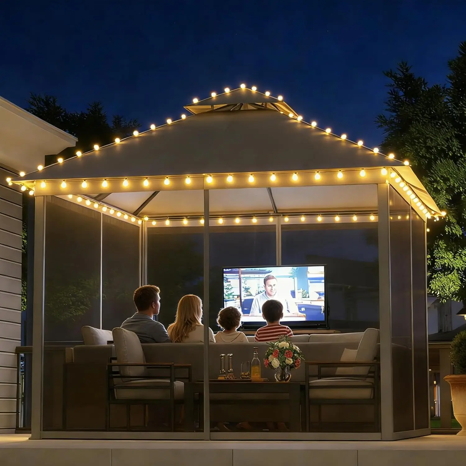 

10x10 Outdoor Gazebo with 50FT LED Hanging Lights Metal Frame Canopy with Double Roofs Heavy Duty Party Tent and Shelter
