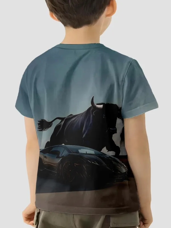 Bull and Racing Car 3d Print T-Shirt Dla Chłopców Odzież Dziecięca Odzież Chłopięca Top Koszulki Topy Krótki Rękaw 2024 T-shirty