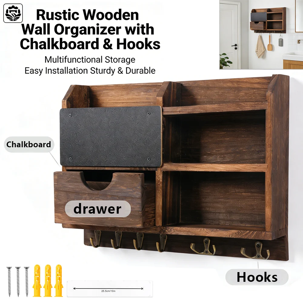 Post- und Schlüsselhalter aus Holz, wandmontiertes Aufbewahrungsregal mit Haken, Kreidetafel und Schublade, großer Organizer für Kleinkram, Heimdekoration