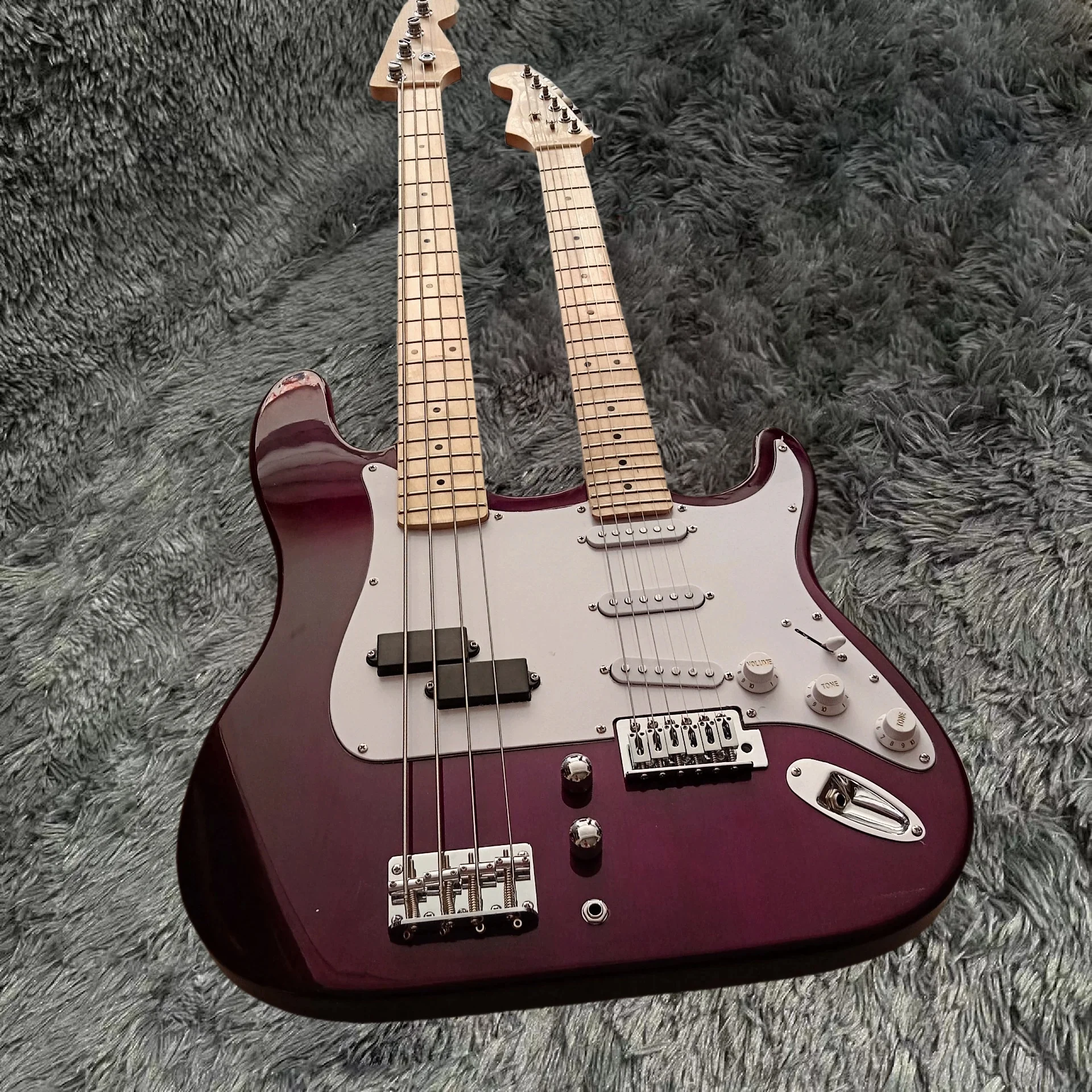 希少　ダブルネック ブラウン 6弦4弦　エレキギター＆エレキベース　メーカー不明 ツーヘッドエレキギター、6弦+4弦、ダブルネックギター黒、白、夕焼け