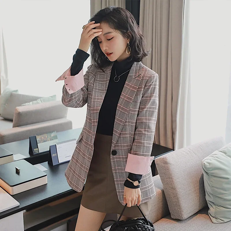 Blazer casual chique vintage feminino, roupa de trabalho, senhora cinza do escritório, manga comprida, ternos finos de botão único, blazers xadrez estilo inglês