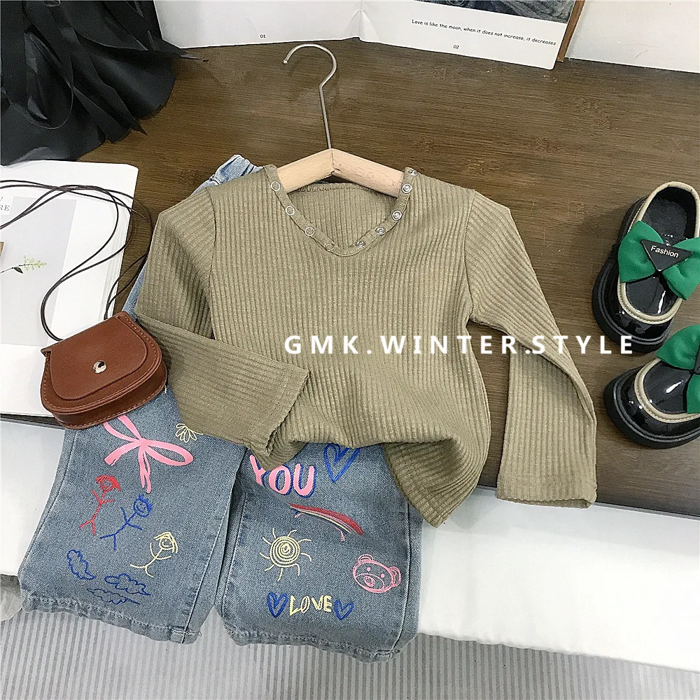 Spring Toddler Girl Denim Pant Cotton Contrast Graffiti Infant Baby Girl Jeans Loose Rabbit Rmbroidery Little Girl Straight Pant