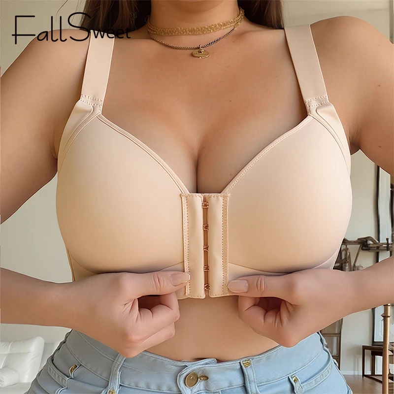 حمالة صدر FallSweet مقاس كبير بإغلاق أمامي لاسلكي للنساء، كوب رفيع بدون خياطة، ناعم ومريح ومسامي، ملابس داخلية للأم