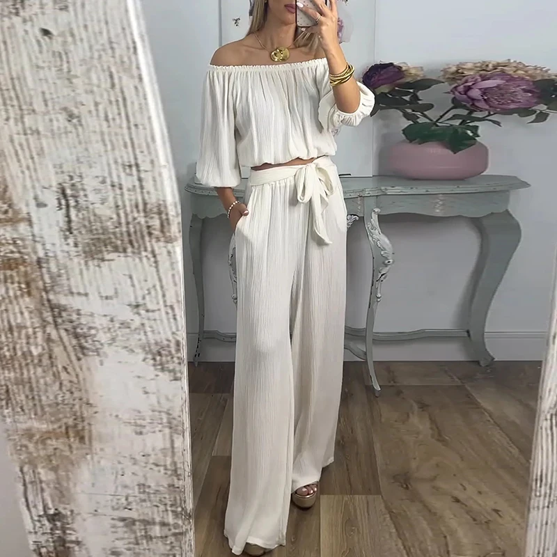 

2025 женская складная модная женская блузка из двух предметов с пупком, сексуальный наряд, темпераментная однотонная блузка на одно плечо с длинным рукавом и брючный костюм с поясом