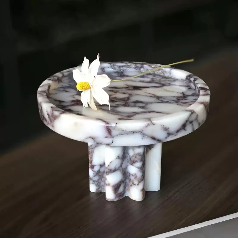 Deluxe Caracatta Violet Marble Tray Round Decorative Tray for Cakes, Pastries and Kitchen Storage