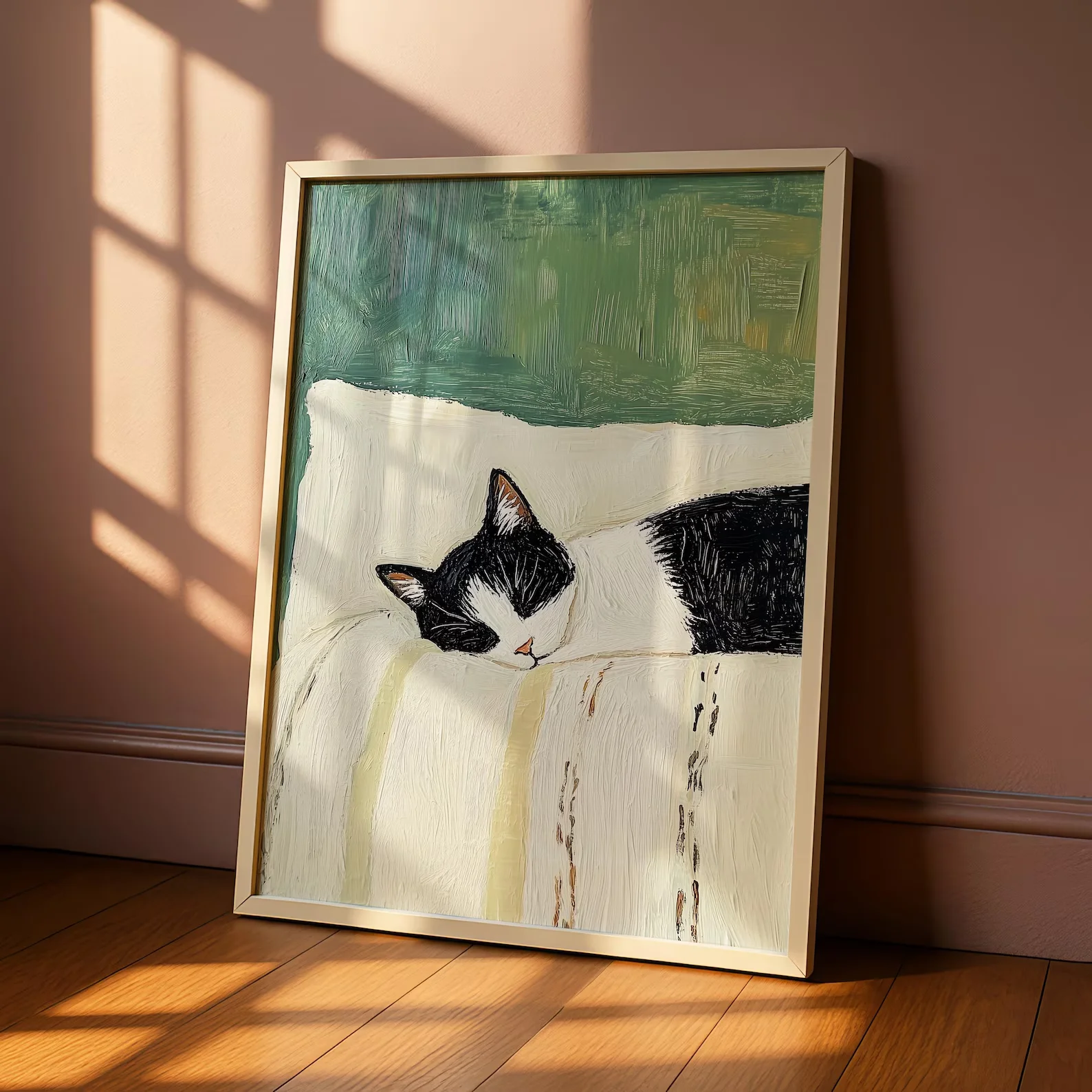 Home Decor Green - 1 ชิ้น (ไม่มีกรอบ) ภาพพิมพ์บนผ้าใบลายแมวนอนหลับน่ารัก ศิลปะติดผนังลายแมวสีเขียวและสีเบจสไตล์มินิมอล ของตกแต่งบ้านสไตล์มินิมอลสำหรับคนรักแมว