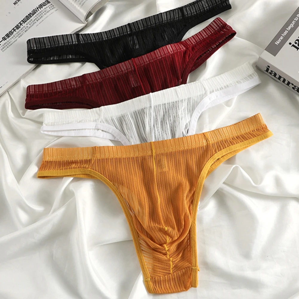 Men Sexy Briefs Underwear Mesh Striped Sheer G-string Underwear Elastic Ultra-Thin Gay Brief Thong Underpant