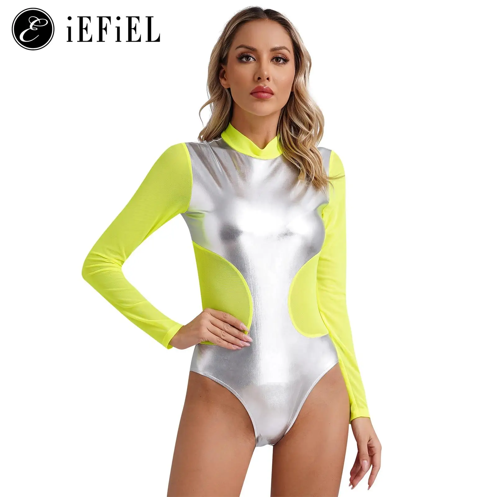 Womens Alien Costume Space Cadet Astronaut Movie Character Shiny Metallic Bodysuit Jumpsuit for Halloween Cosplay Party