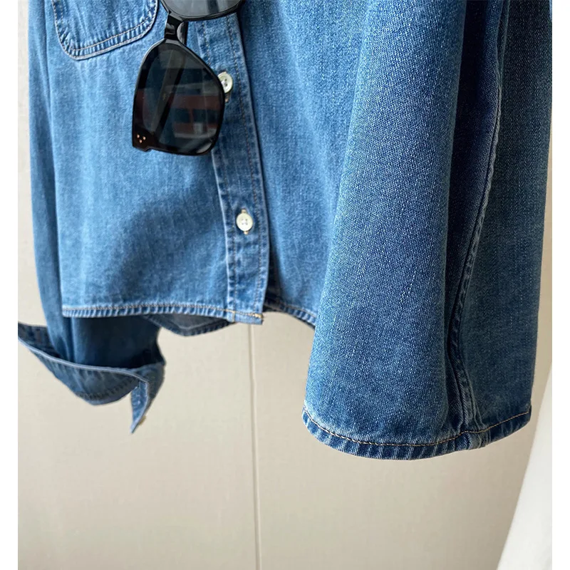 Blogger Style ~ Fashionable Simple Versatile High-End Embroidered Pocket Cotton Short Denim Shirt For Women 2024 Spring Autumn
