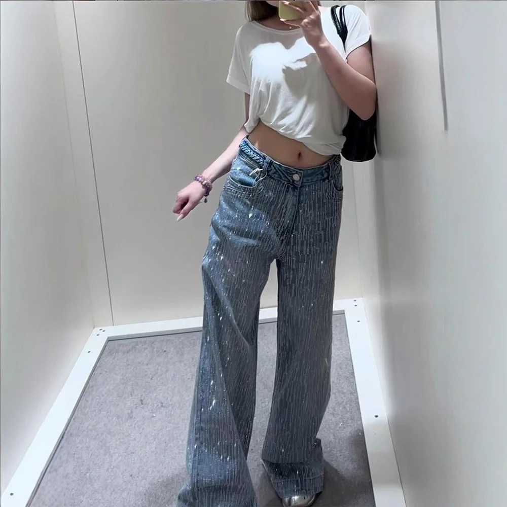 TWOTWINSTYLE ブルー スプライス ダイヤモンド ラグジュアリー トラウザーズ 女性用 ハイウエスト ルーズ アメリカン レトロ レディース ワイドレッグパンツ 秋ファッション