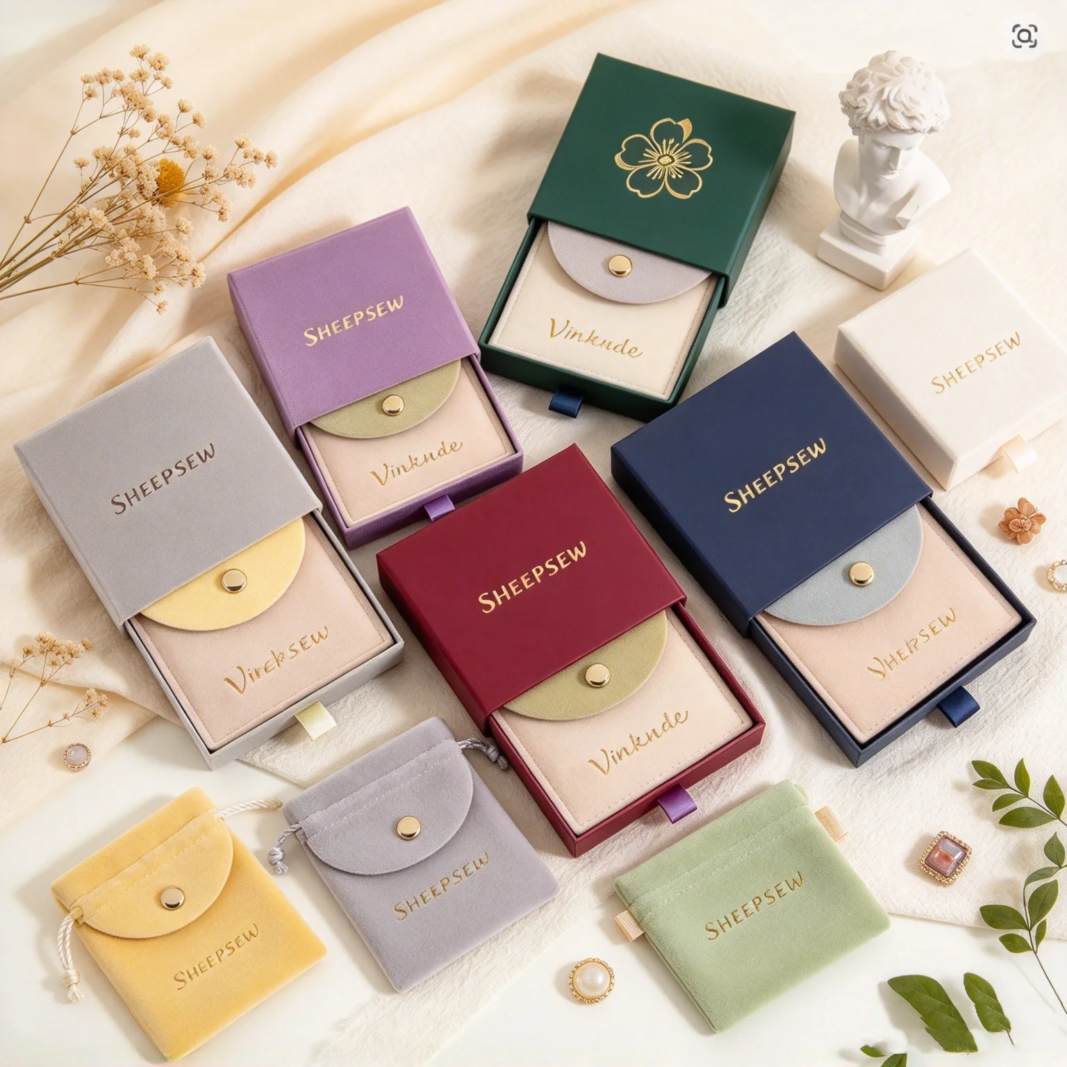SHEEPSEW Custom Logo Paper Drawer Jewelry Packaging Boxes with Microfiber Snap Pouch, Multi-use Storage Case for Jewelry Brooch