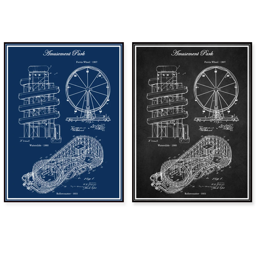 Parque de atracciones, Montaña rusa, Impresión de patente, Patente de carnaval, Coney Island, Noria, Tobogán acuático, Póster de plan maestro