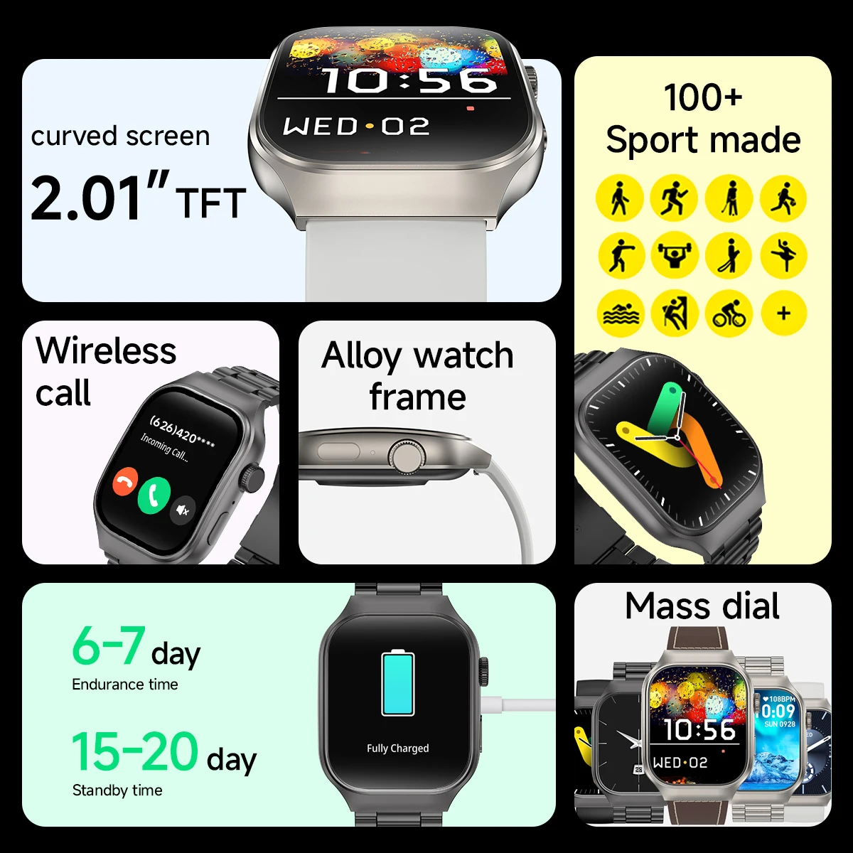 2.01 Inch Curved Screen Smartwatch Men Wireless Call Sports Wrist Watches Health Monitor Fitness Bracelet Women