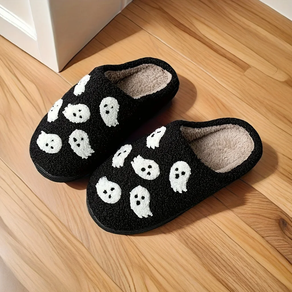 Halloween Ghost Pattern Slippers,Winter Warm Soft Bottom Slippers,Cozy Indoor Household Slippers, Halloween Gift For Friends