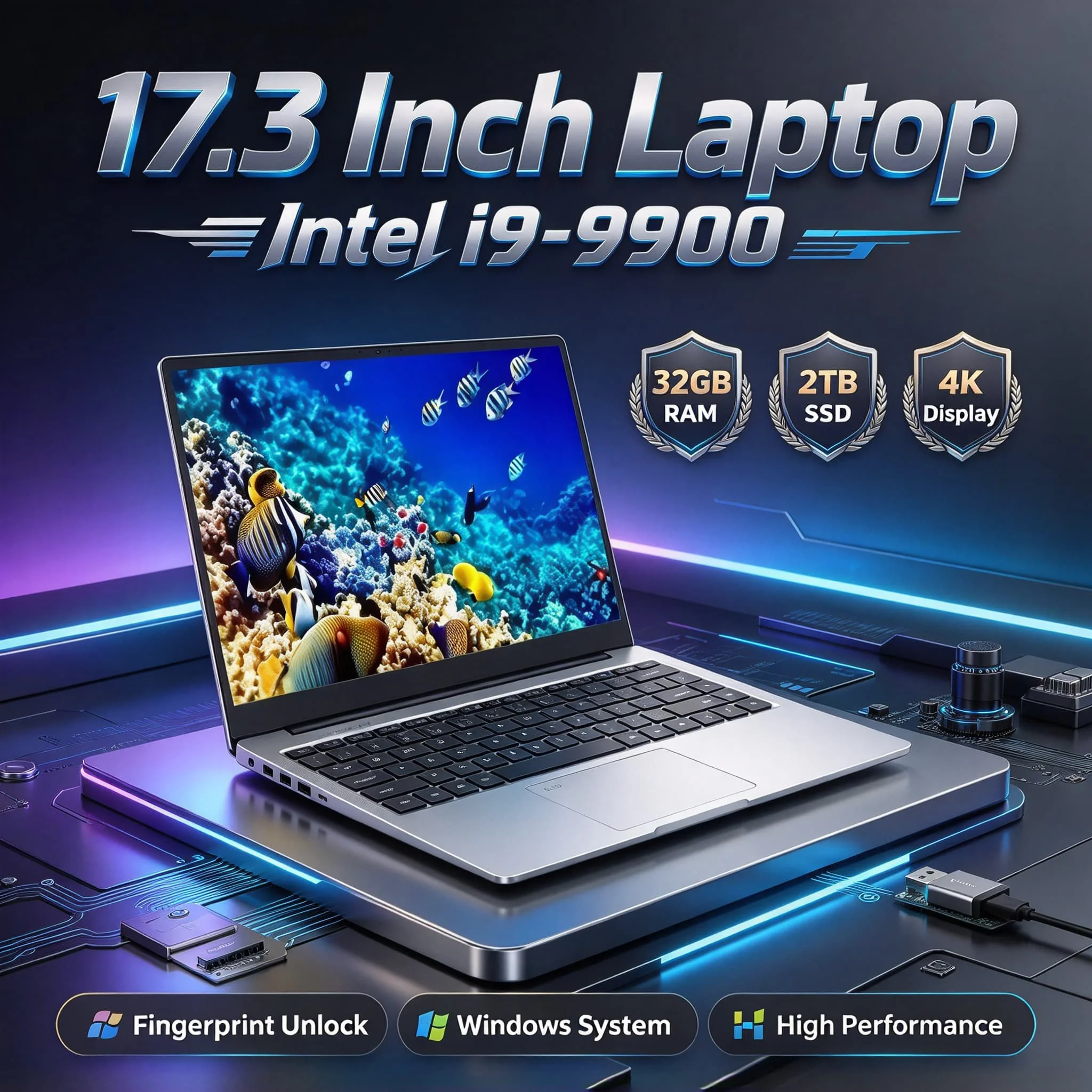 2026 17.3 Inch Intel Core i9 9900 Notebook 32GB RAM 2TB SSD Fingerprint Unlock Full HD Work Gaming High Performance Pro Max