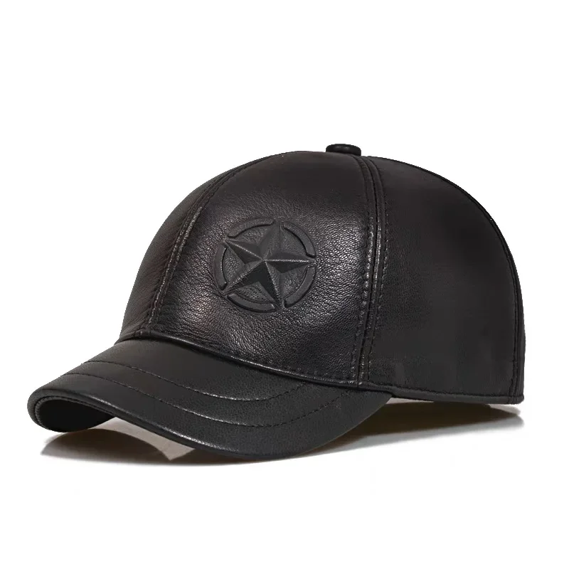 

New Spring Man Genuine Leather Baseball Caps Male Casual Sheepskin Short Eave 56-60 Adjustable Splice Flight Hats