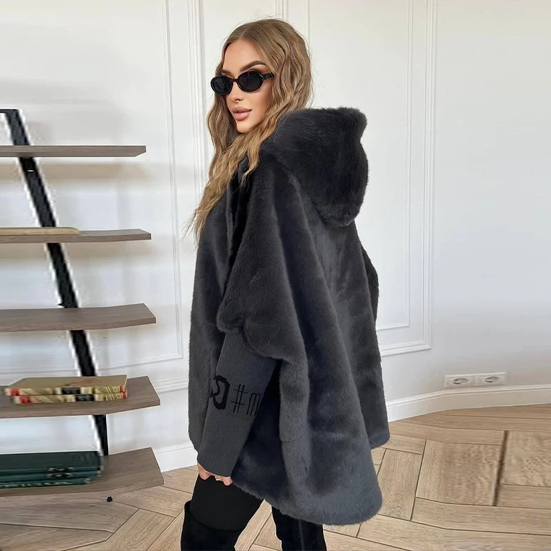 دافئ فو الفراء المعتاد معطف مقنع للنساء موضة المرقعة محبوك الأكمام سستة جاكيتات 2025 جديد الخريف الشتاء معاطف للسيدات