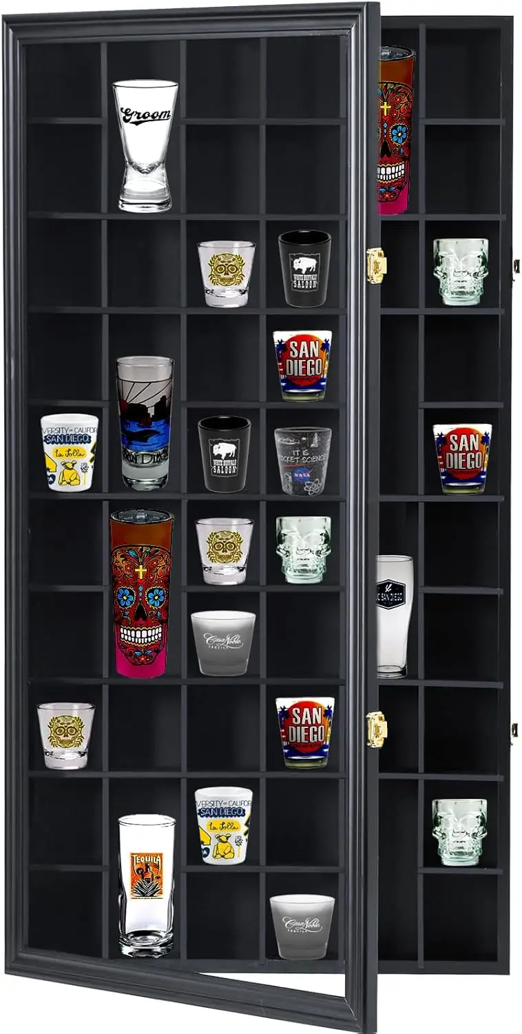 Shot Glass Display Case with Lockable Door, Solid Wood Cabinet Collection Holder Wall Mounted Shot Glass Display Storage