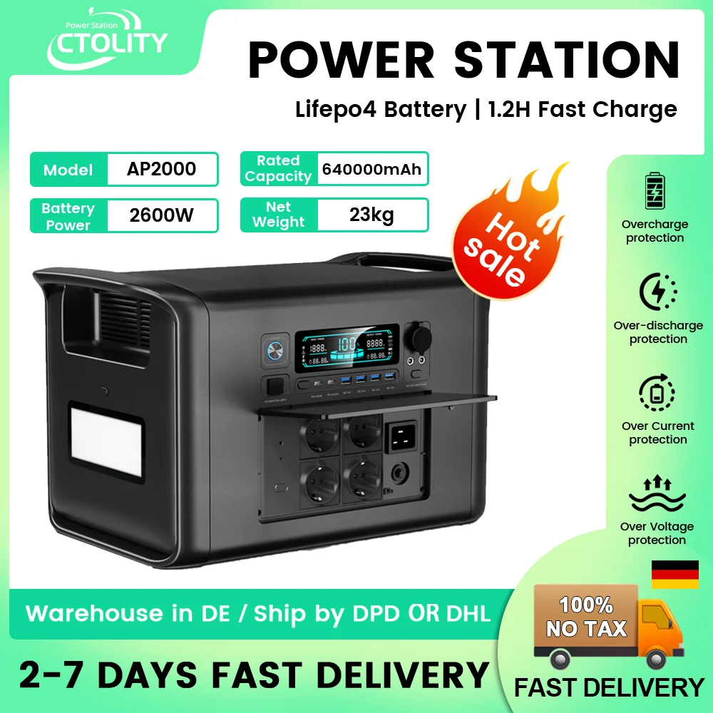 

CTOLITY AP2000 2400W Portable Power Station 220v Solar Generator Lifepo4 Batteries Emergency Power