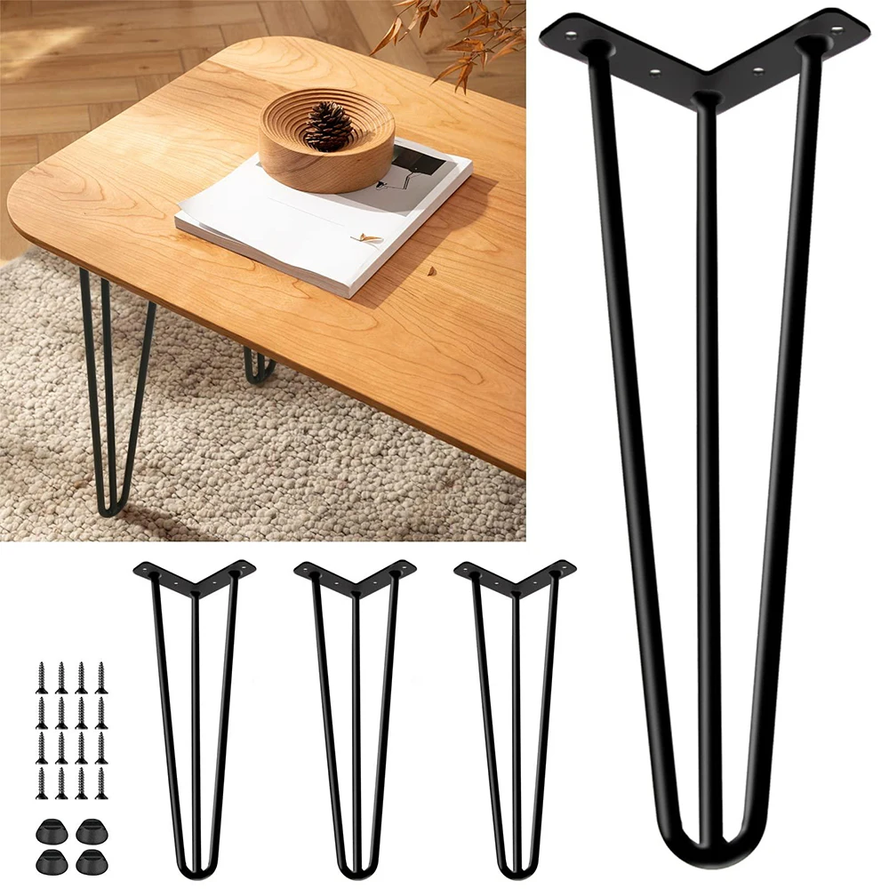 4Pcs Metal Table Legs 3-Rod Hairpin Furniture Legs DIY Home Dining Desk Coffee Table Feet with Rubber Floor Protectors