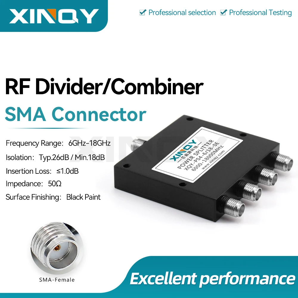 XINQY 6-18GHz RF Coaxial Power Divider, SMA 1-to-4 Signal Power Splitter, 50 Ohm
