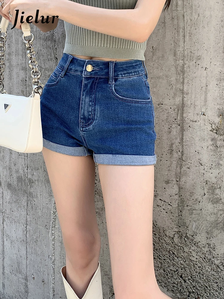 Jielur Straight Casual Cuffs Fashion Women's Jean Short Solid Color Button Casual Summer Jean Simple Female Shorts Office Ladies