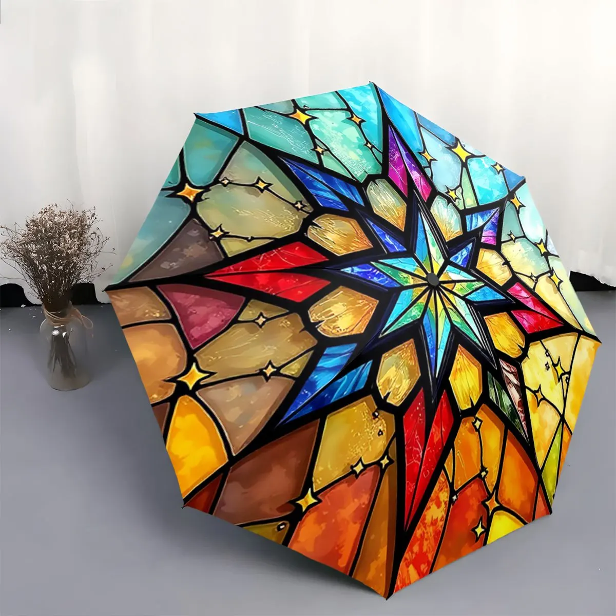 

Automatic Folding Umbrella Stained-glass starburst. Portable collapsible design, casual outdoor accessory, for all seasons, Ch