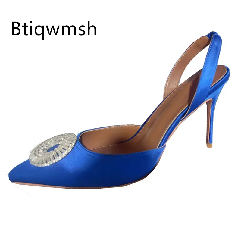 

Синие роскошные атласные туфли-лодочки со стразами, женские, с острым носком, на тонком каблуке 10 см, сексуальные туфли для вечеринок