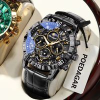 POEDAGAR Fashion Man Watch Waterproof Luminous Chronograph Leather Strap Luxury Watches For Men Business Quartz Men's Wristwatch