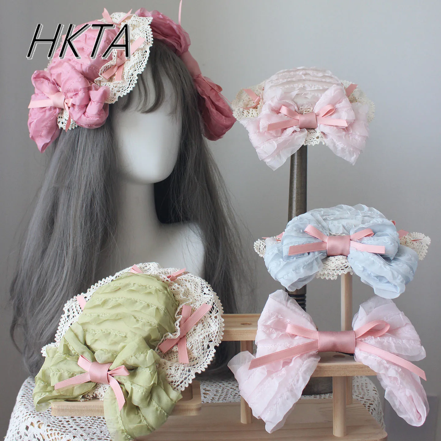 

Sweet Cute Versatile Bow Top Clip Fairy Mori Lace Pink Top Hat Hair Clips Women Summer Lolita Headgear Flat Hats Clips Ladies