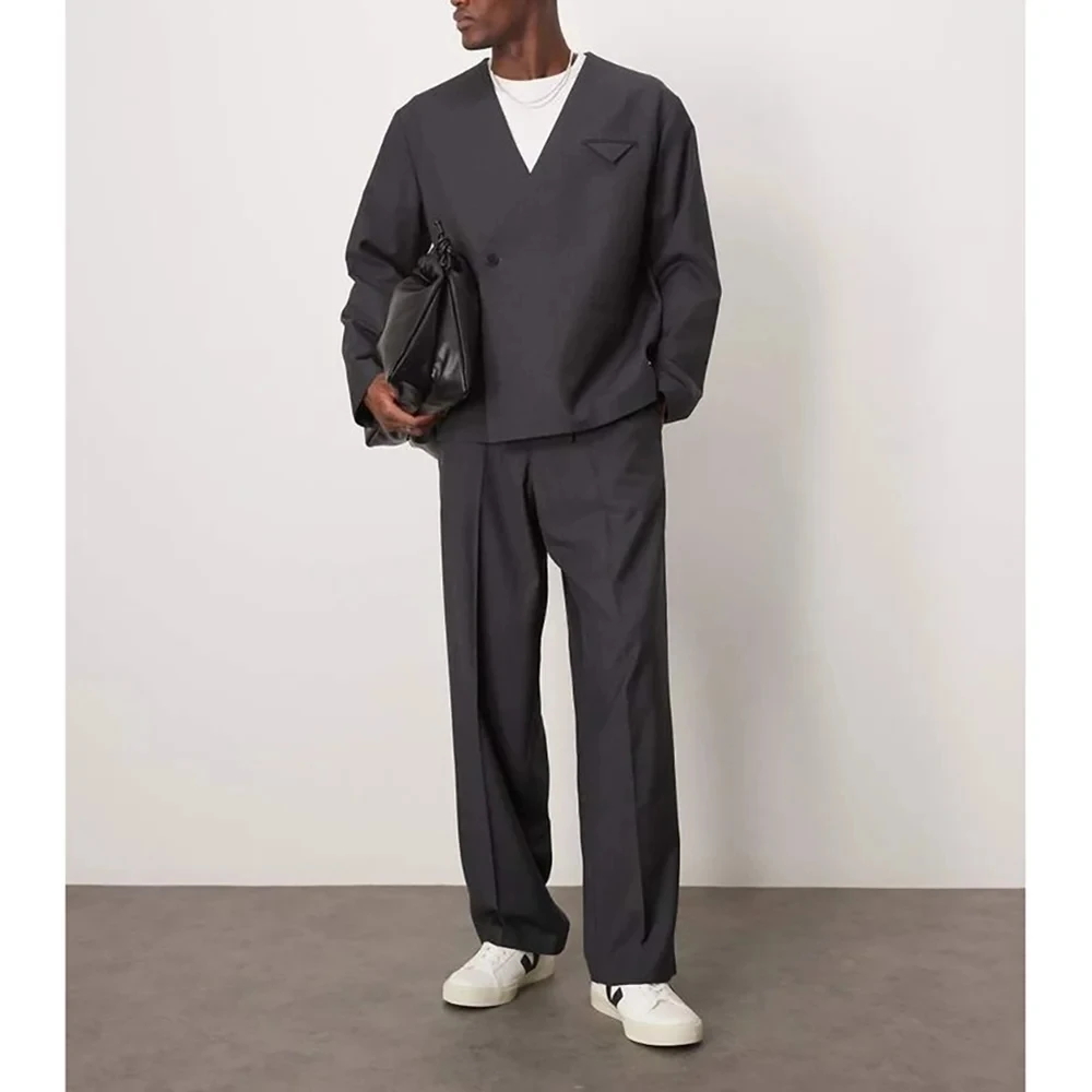 

New Arrial Dark Grey Men Suits 2 Pieces Jacket+Pants No Collar V-neck Casual Male Outfits Wedding Grom Party Daily Suit Dress