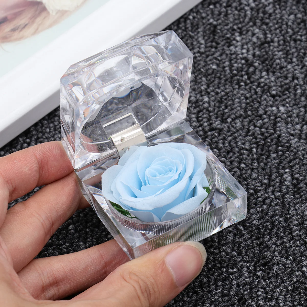 

1Pcs Lifelike Preserved Rose in Glass Dome Light Blue Eternal Flower Gift Box for Anniversary Valentine's Day Birthday Home