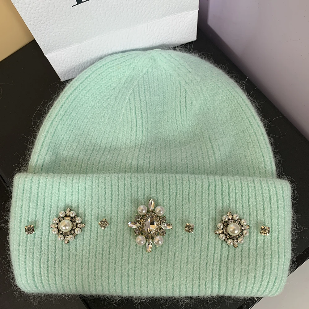 Designer Brand Women Winter Hats Luxury Rhinestones Rabbit Fur Knitted Hat Female Thicken Warm Knit Bonnet Skullies Beanies