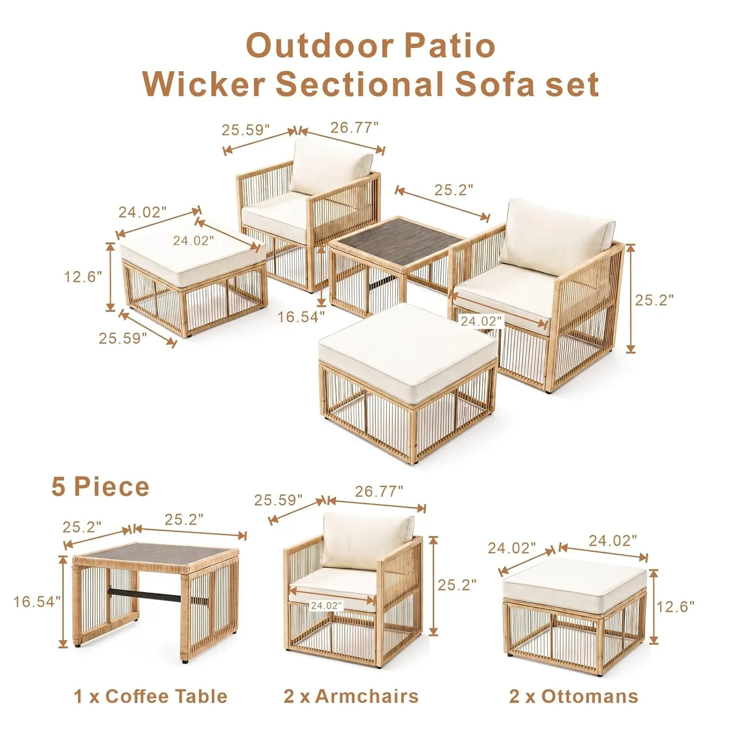 Small Patio Wicker Sectional Furniture Set 5-Piece Outdoor Garden Balcony, Customized