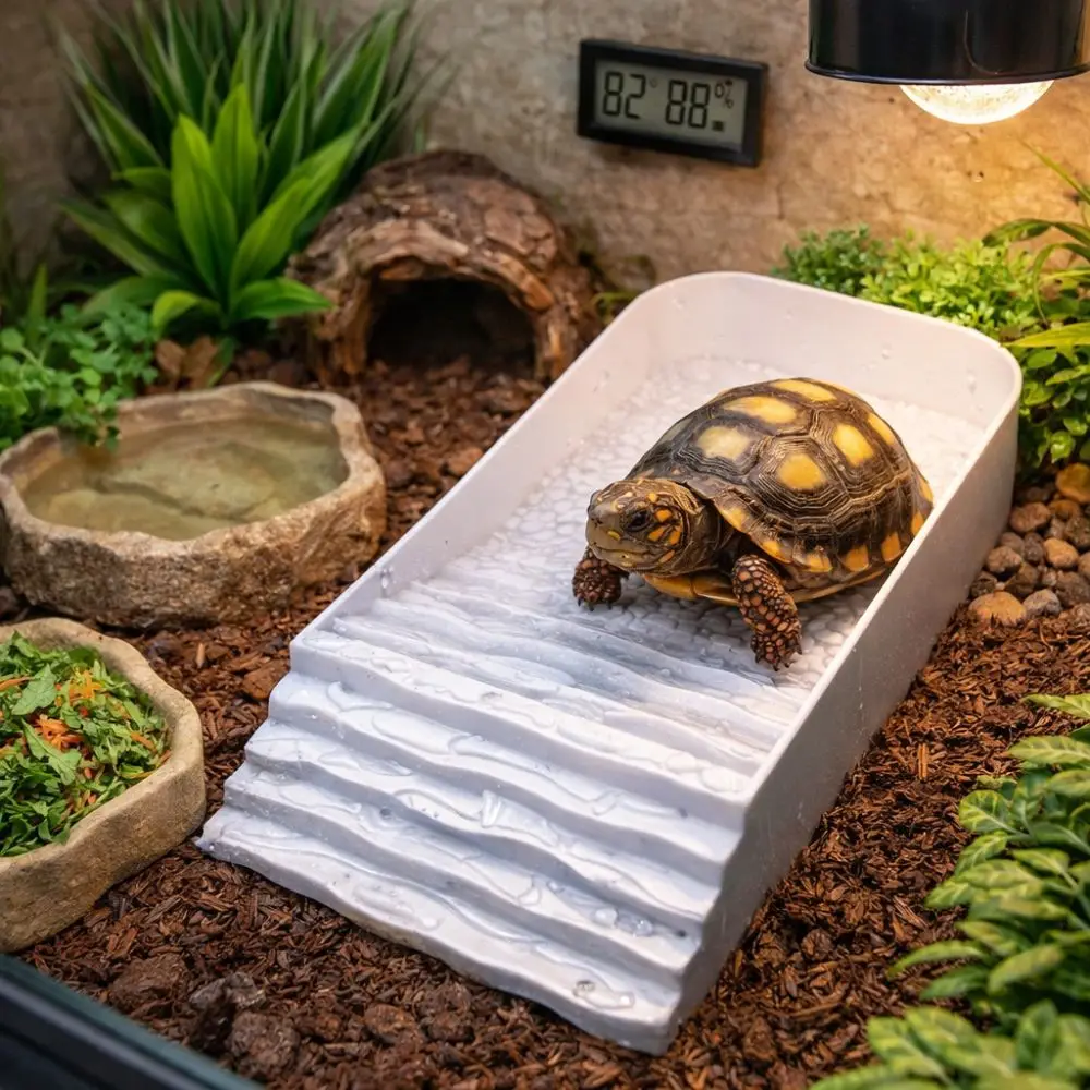 Plato de Agua para Reptiles de Plástico con Rampa, Plato Cuadrado para Alimentar Tortugas, Escalera Multifuncional para Trepar, Bañera para Tortugas, Artículos para Mascotas