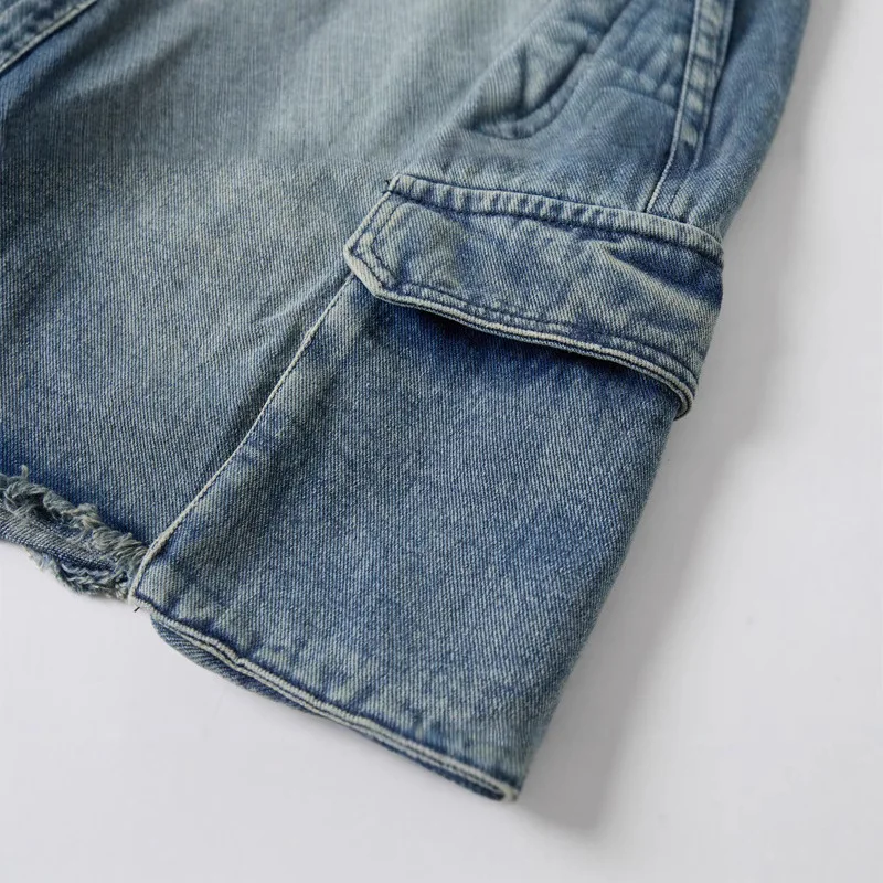 الرجال الصيف البضائع جينس قصير مع جيوب موضة غسلها خمر ملابس العمل الدنيم السراويل فضفاضة تناسب Techwear شورت جينز