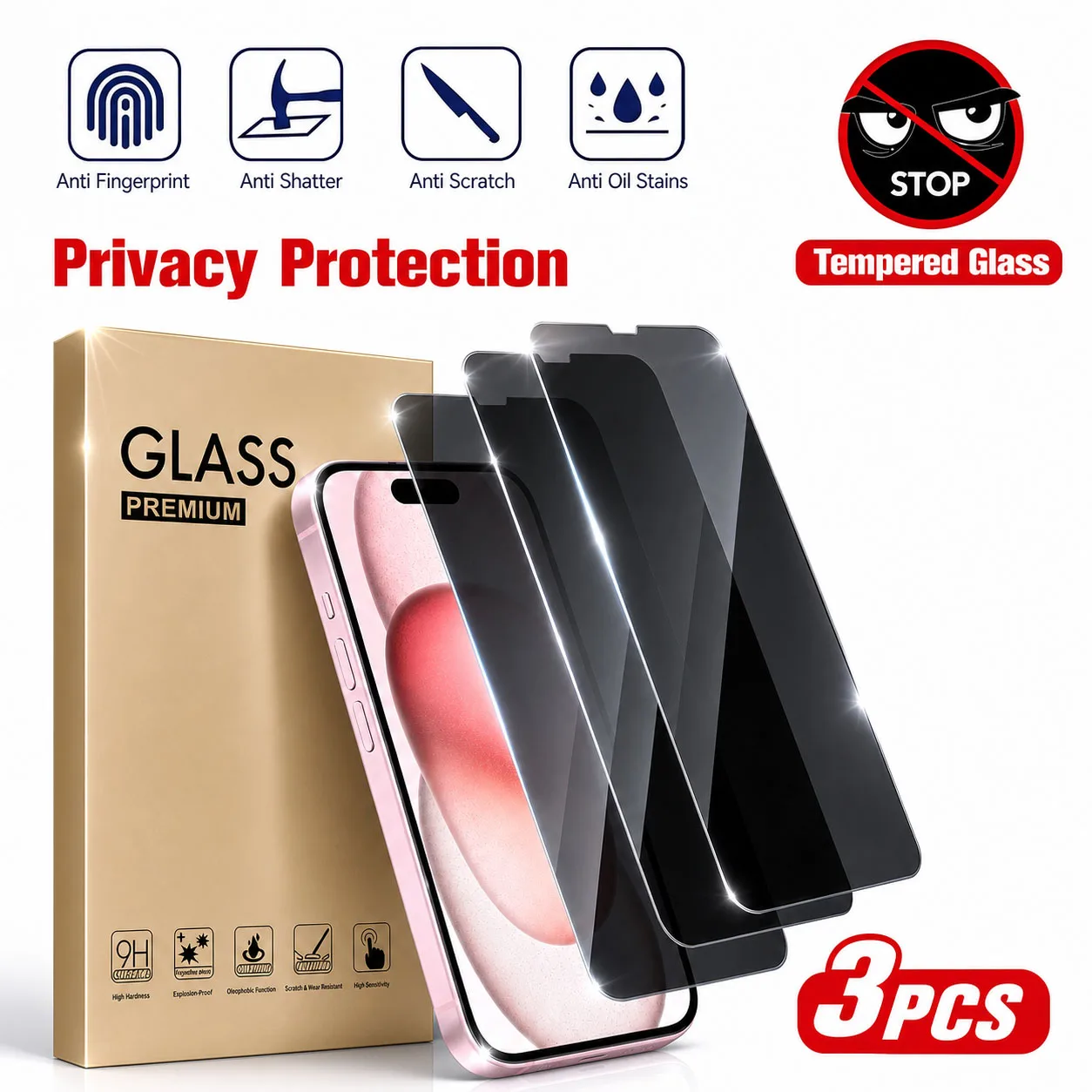 3pcs Privacy Screen Protector, Compatible With Apple 17/17Pro/17Promax, Anti-Peeping Tempered Glass Protective Case