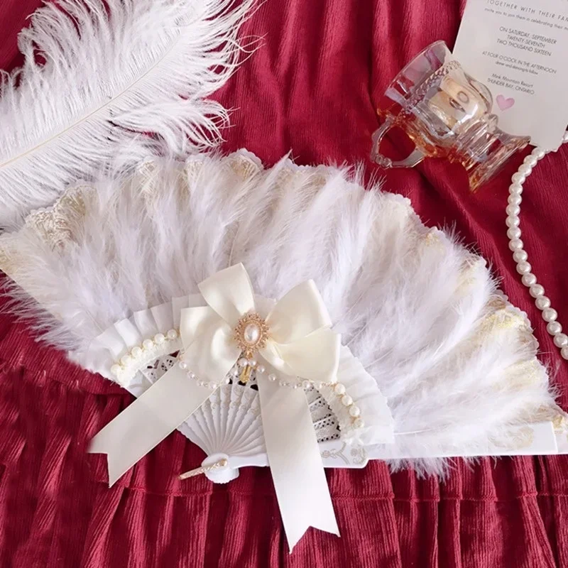 Lolita KC Cosplay Hand-Held Fans Vintage Style Big Bow White Angel Feather Folding Fan Gothic Dance Home Decoration Hand Fan