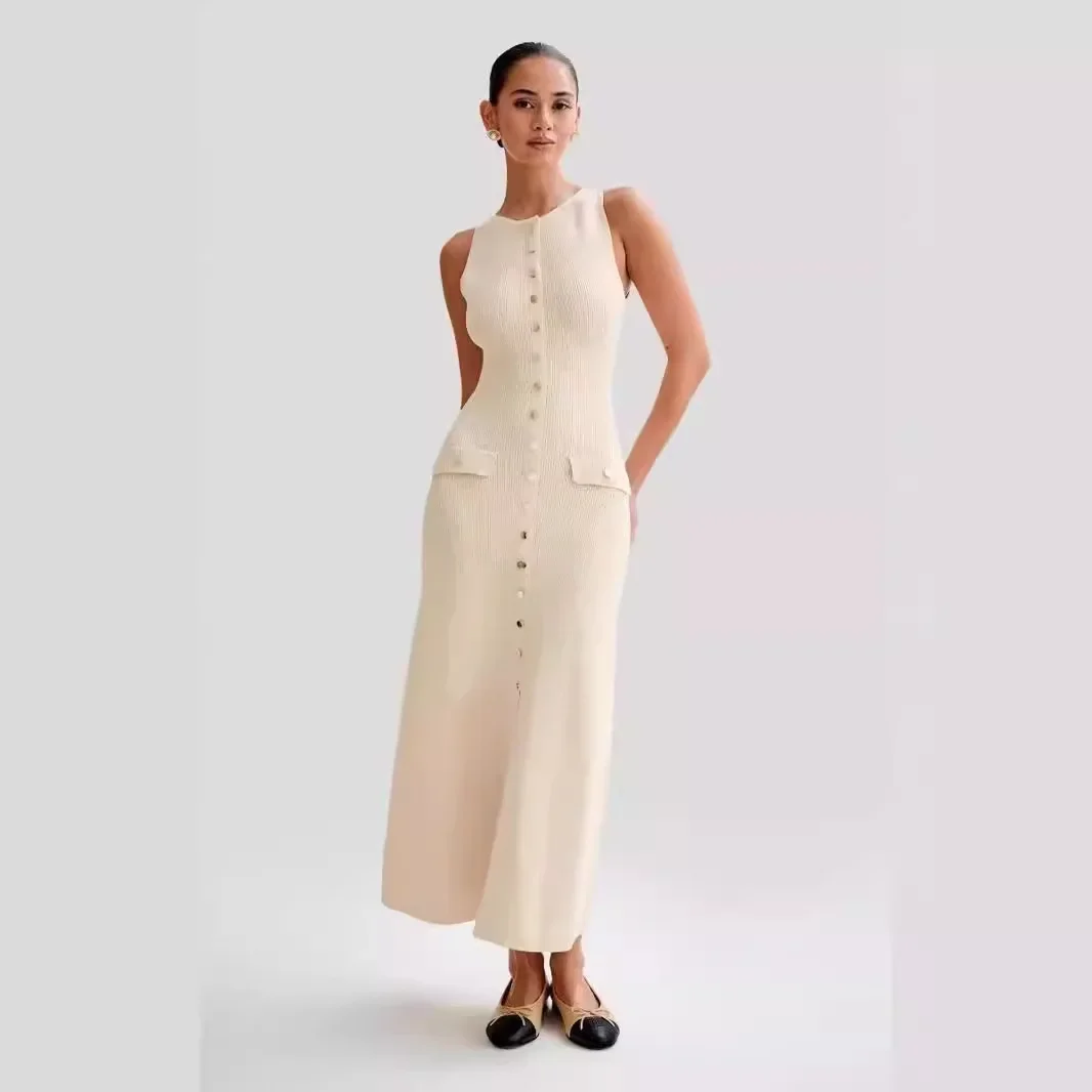 Vestido de punto sin mangas para mujer, prenda ajustada con cuello redondo, estilo informal e inteligente, para oficina, Otoño, 2024