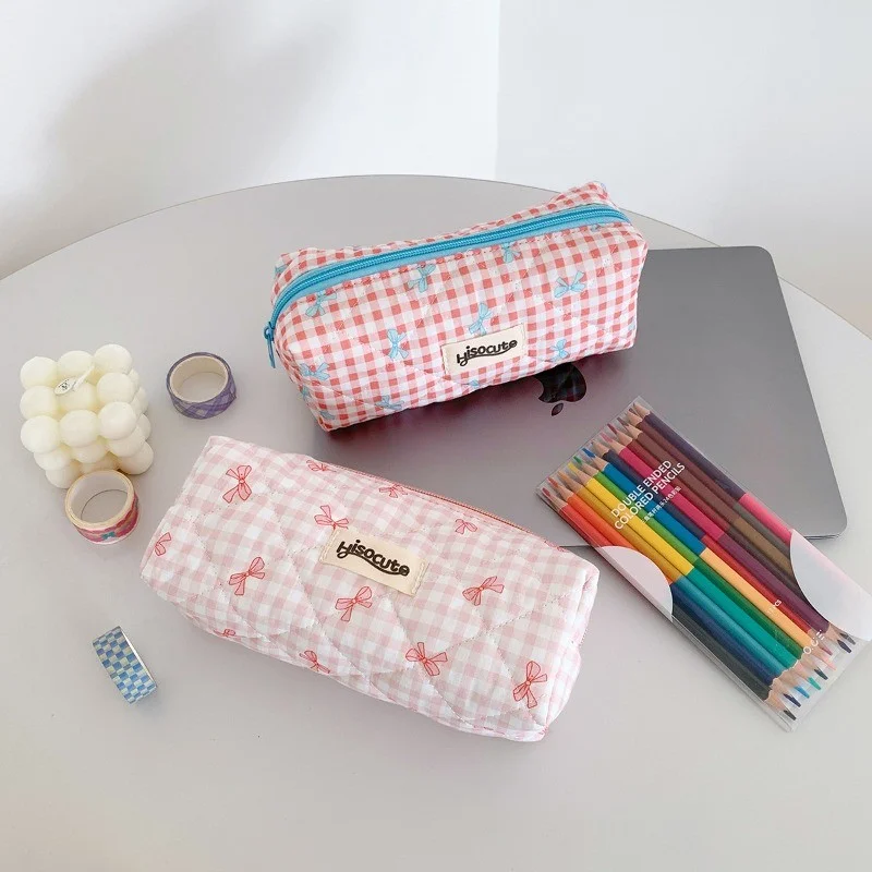 Creative Cream Color Checkered Pencil Case Cute Bow Large Capacity Pencil Box Portable Student Stationery Storage Bag