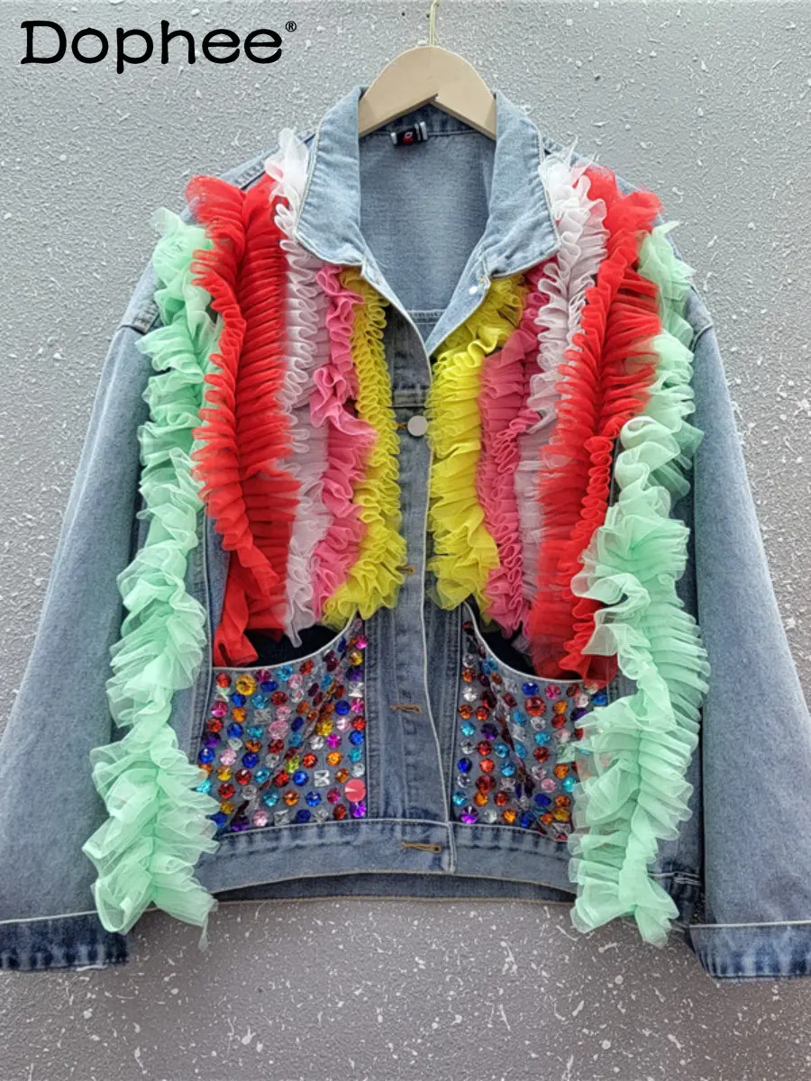 

Sweet Kawaii Color Mesh Stitching Unique Design Diamond-Embedded Denim Jacket Women's Spring New Loose Jean Coat Top High Street