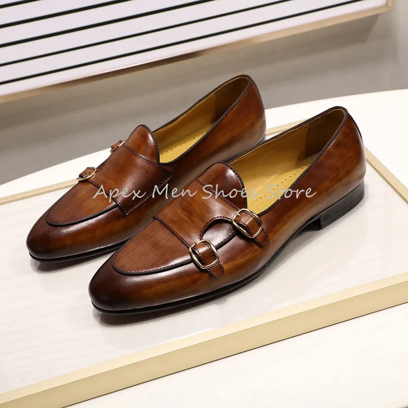 Autumn New Style Double Buckle Flat Casual Men's Shoes Retro Layer Cowhide Slip On Leather Shoes Brown Business Office Shoes