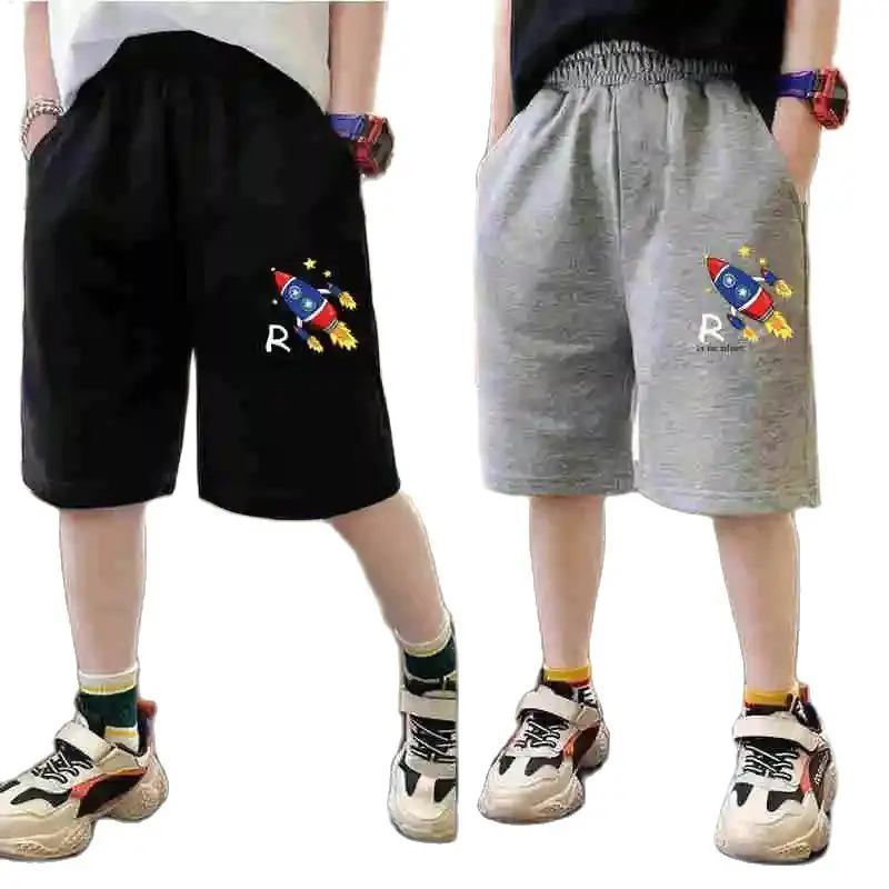 Teens Boys Space Rocket Shorts 3-14 Years Children's Casual Short Classic Black Gray Student Boys Short Sweatpants