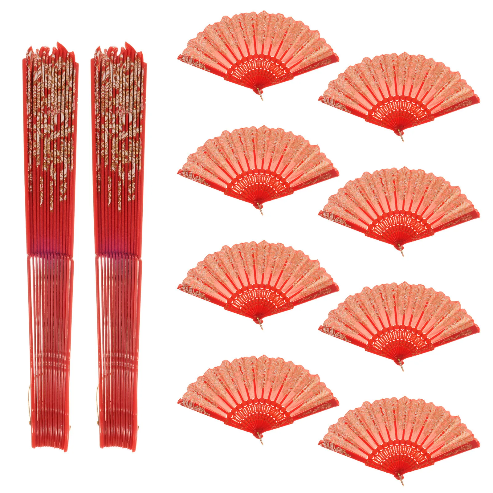 

10Pcs Traditional Dance Fans Red Lace Folding Handheld Fan for Wedding Tea Party Stage Performance Chinese Bridal Group Fan