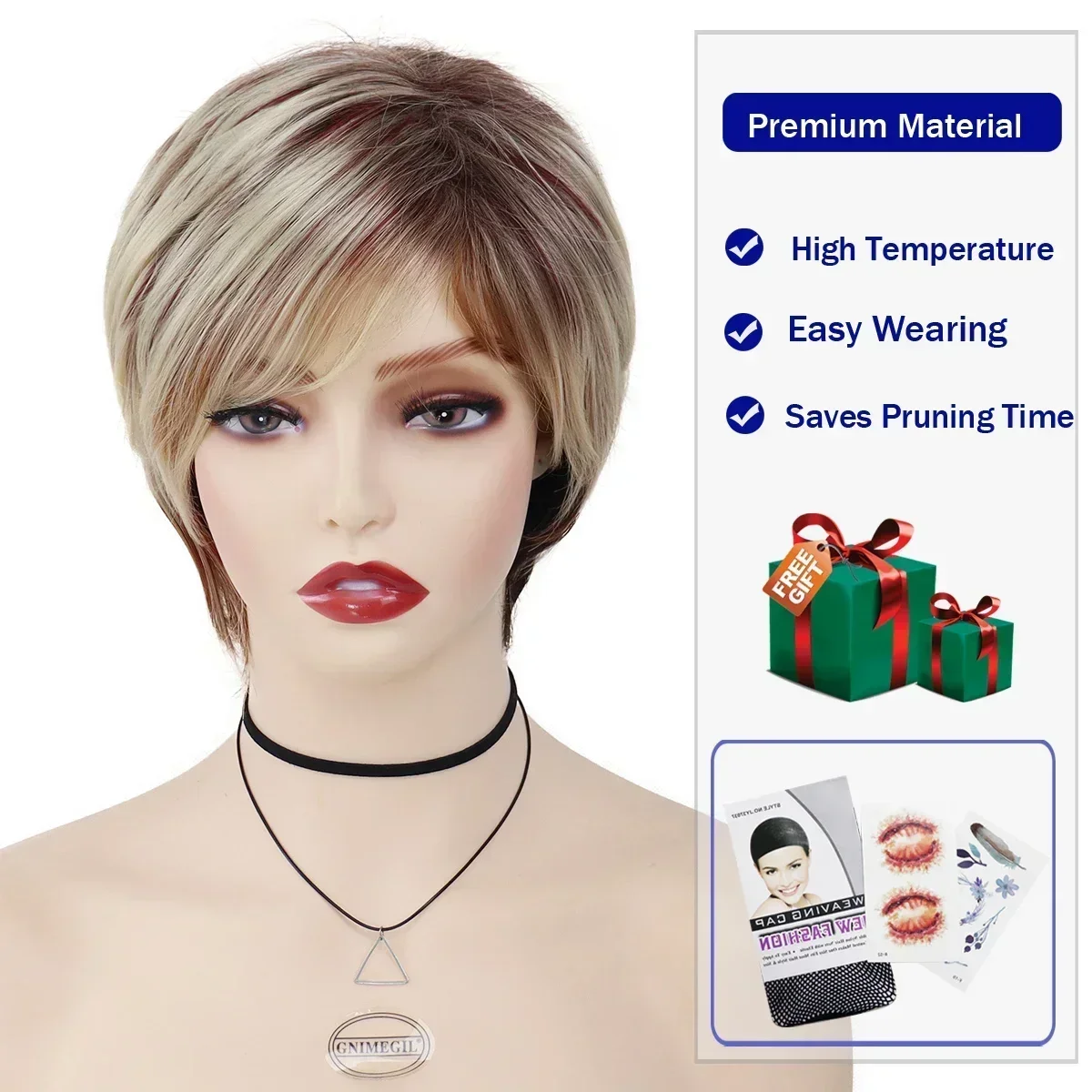 Synthetic Short Blonde Wigs for White Women Brown Mixed Brown Natural Wig with Bang Short Pixie Cuts Mommy Wig Elderly Mother