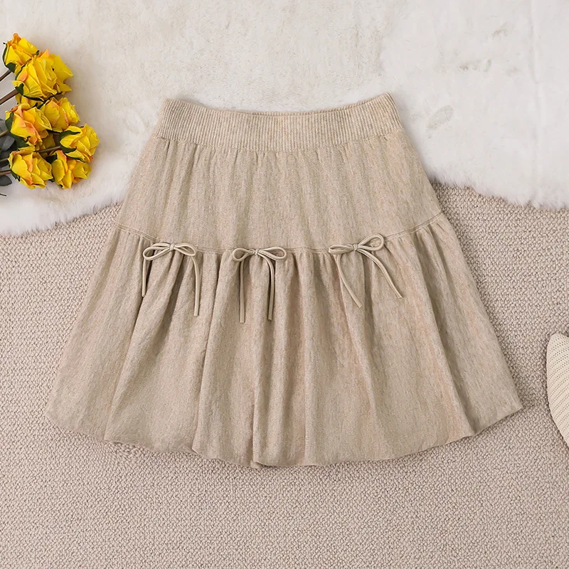 

Solid Color Bow Knitted Mini Skirts 2025 Winter Trend Daily Out Casual A-line Skirt Elastic High Waist Pleated Knitwear Skirts