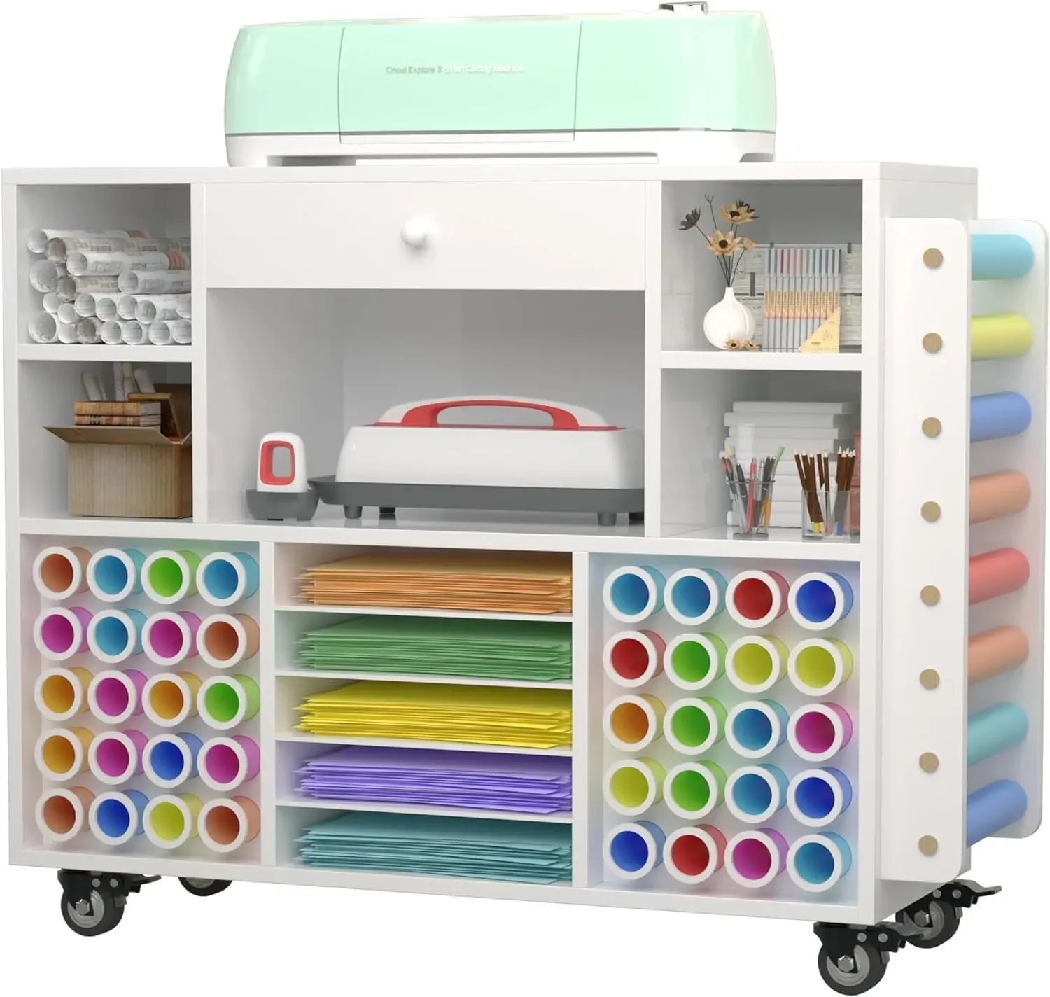 Craft organization and storage Cart Compatible with Cricut Machine, Rolling Craft Organizer With large drawer & 48 Vinyl Roll Ho