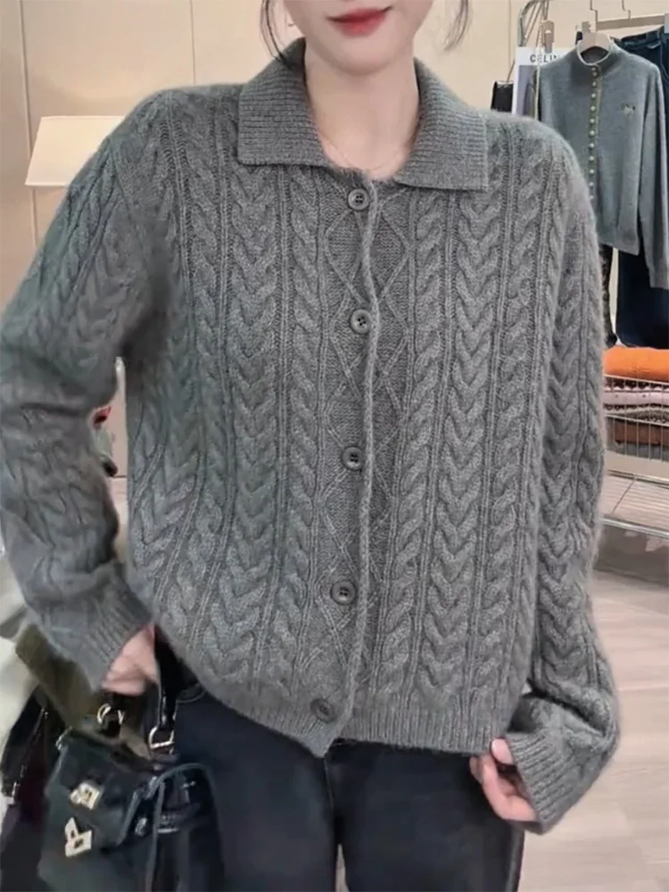 

Ele Knitted Open Cardigan Collared plus Size Versatile Slimming Top Autumn Winter New Arrival Camere Ladies Faion